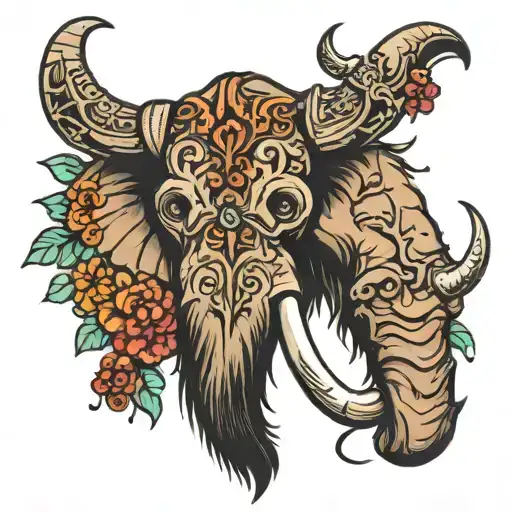 severed mammoth head surrounded tattoo design idea