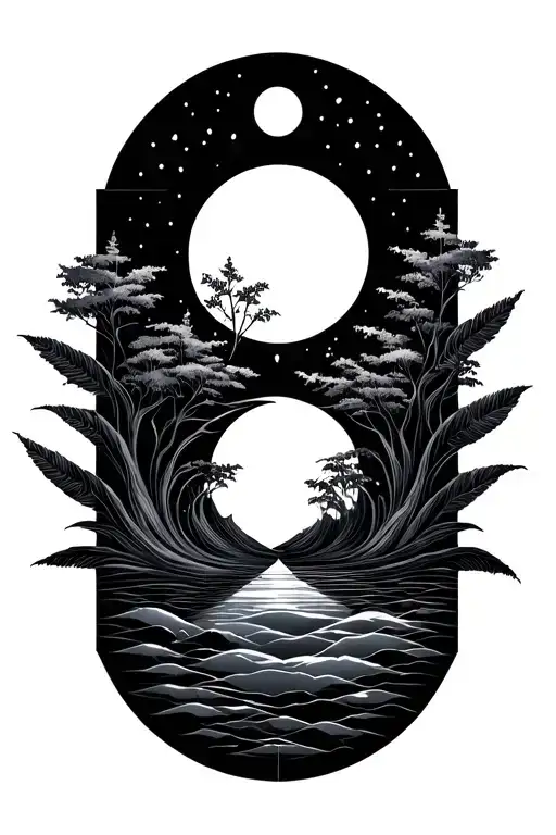 geometric design featuring nature with sun and moon representing dark and light  tattoo design idea
