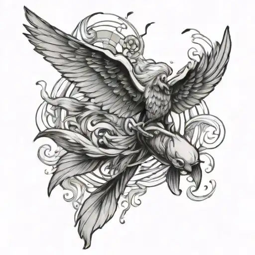 icarus falling from sky and koi fish swimming tattoo design idea