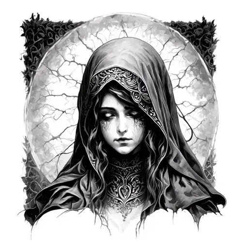 A solemn, mysterious feminine figure—guardian of forgotten places and memories. She embodies sorrow, stillness.  tattoo design idea