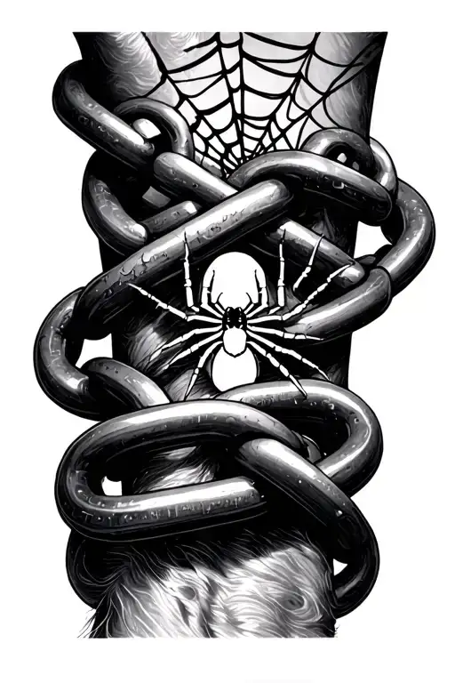 chain wrapped around forearm, with spider creating web on top of the links tattoo design idea