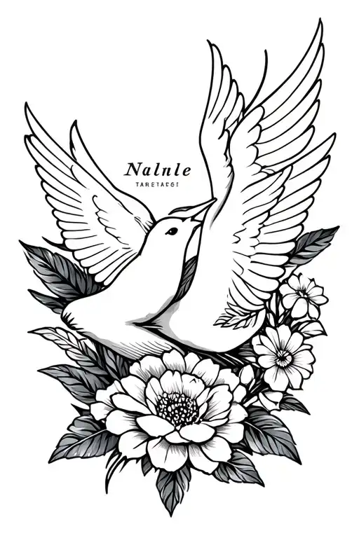 doves and flower with the name written inside tattoo design idea
