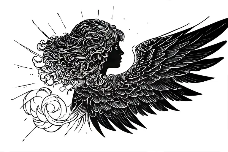 angel in profile with one wing, flashes of light, clouds tattoo design idea