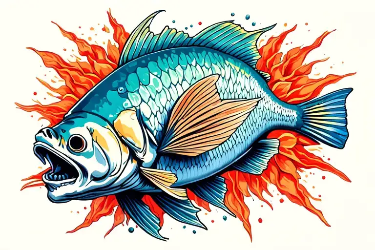 dead fish transforming into trash tattoo design idea