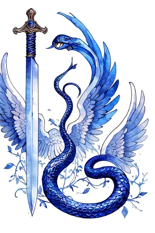 Sword with angel wings as the handle. Withered vines. Treble not with a snake. Symmetrical  tattoo design idea