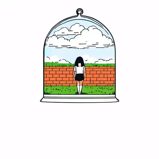 A protective dome, a girl is in it, in front of her is a brick wall, behind a green field and a sky with porous clouds tattoo design idea