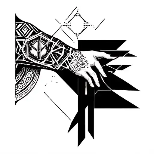 Full sleeve tattoo for the left arm in black ink with a mix of geometric patterns, dot work, and sacred geometry, blendi tattoo design idea
