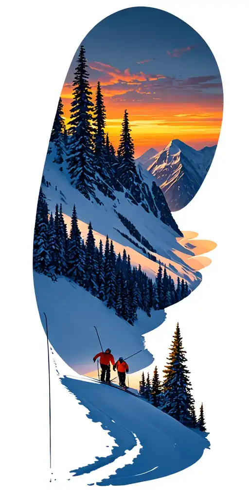 Mont Blanc and trees colors sunset and skiers tattoo design idea