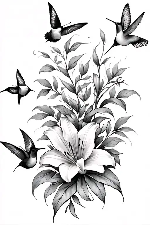 Lily flower vine wrap my arm with hummingbirds flying and butterflies tattoo design idea