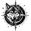 wolf, compass, moon surrounded by stars tattoo design idea