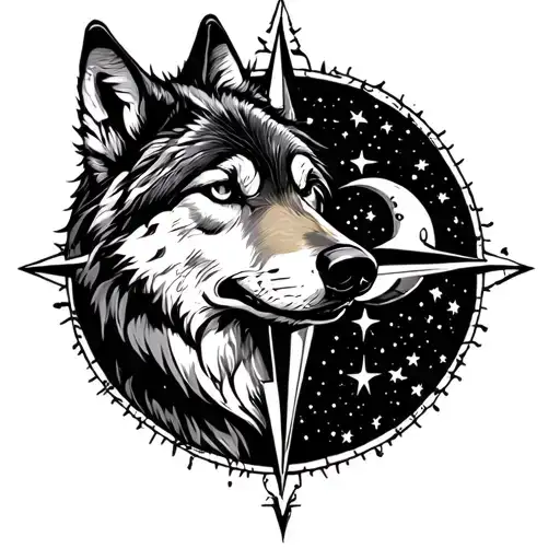 wolf, compass, moon surrounded by stars tattoo design idea