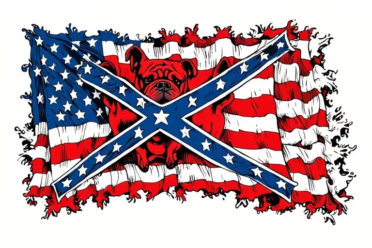 small  square red and blue confederate flag with bulldog head in center with border with american flag around it tattoo design idea