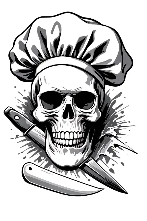 skull chef hat biting knife tattoo design idea