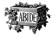 the text: ABIDE surrounded by a box made of grape vines and trellis tattoo design idea