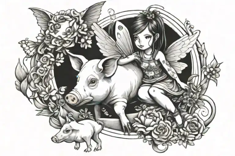 pigs fairies magic drain girl tattoo design idea