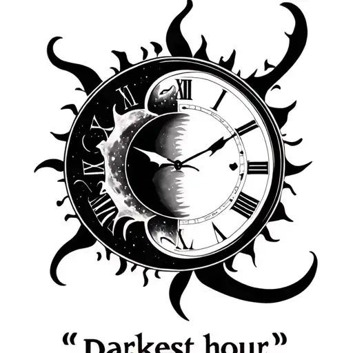 "Darkest hour" "Darkest hour" sun and moon merging together with a clock at 10:25 tattoo design idea