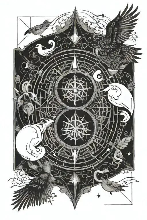 number 14 in compass with yin yang and birds   tattoo design idea