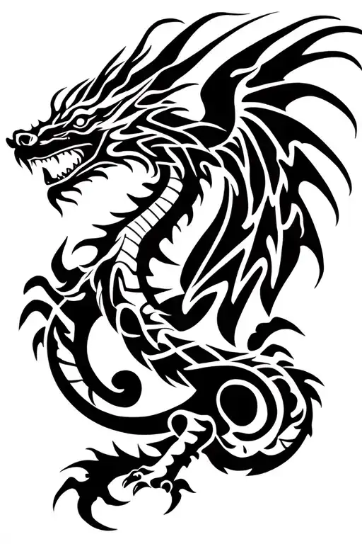 A polynesian tribal tattoo, image of a dragon with wings spread, inside the dragon is the outline of a dog tattoo design idea