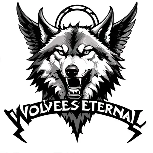 The head of the wolf Evil grimaces behind the head of the wings of the wings of the demon on top of the halo and the inscription wolves eternal tattoo design idea