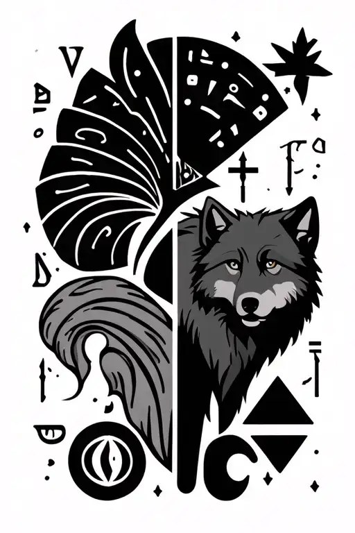 minimalist sleeve design includes, cardinal directions, sourdough bread, croissant, a wolf, and hieroglyphs tattoo design idea