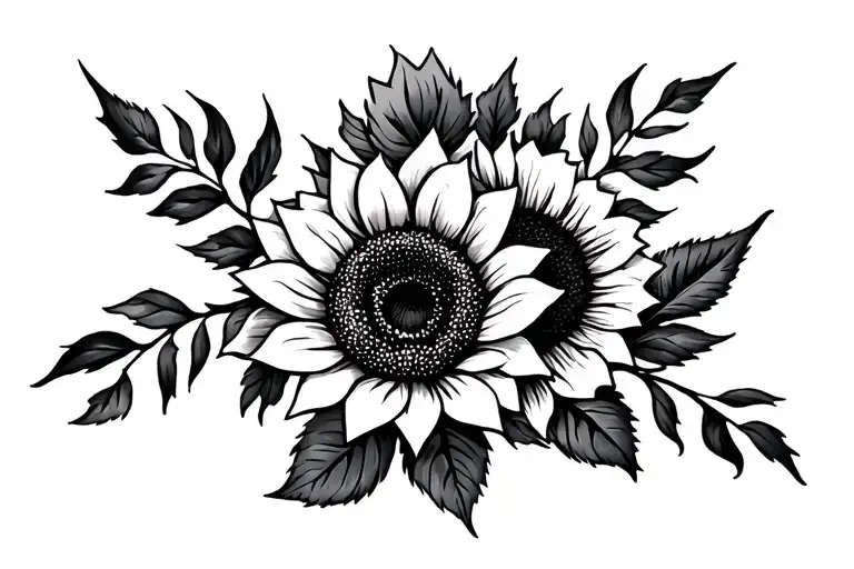 roses, sunflowers, pointy leaves tattoo design idea