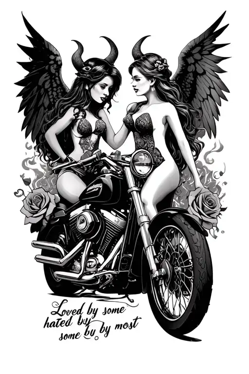"Loved by some hated by most" "Loved by some hated by most" Harley Davidson  motorcycle demon girl and angel girl with roses and smoke tattoo design idea