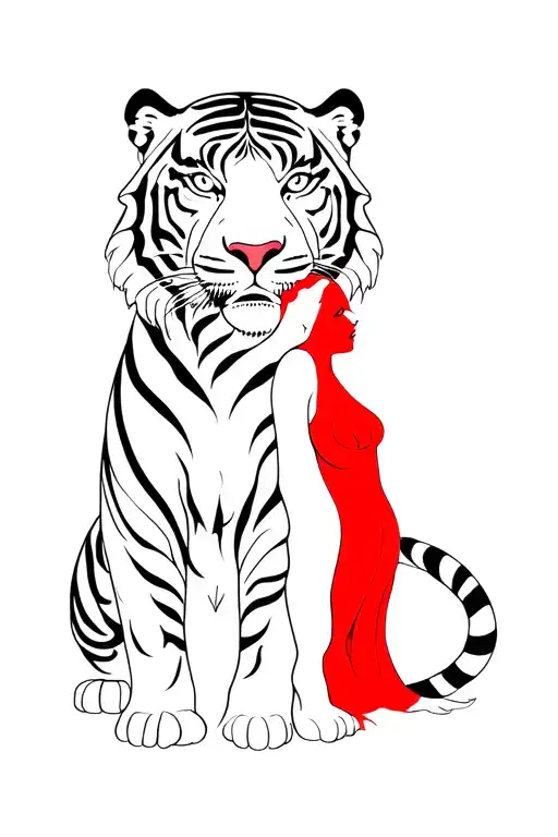 fullctiger body with a fine line woman infront of the tiger in red tattoo design idea