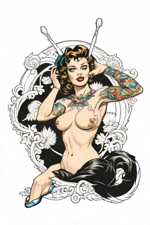 sexy pin up girl, no clothes on, naked, voluptuous, beautiful, full, thick body. no deformities,  tattoo design idea