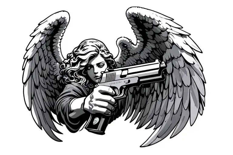 angel holding gun  n money tattoo design idea
