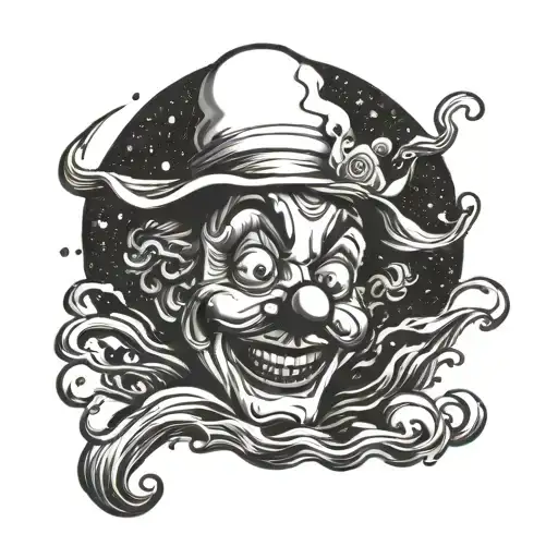 Moon with clown face, sitting in water . cartoon version tattoo design idea