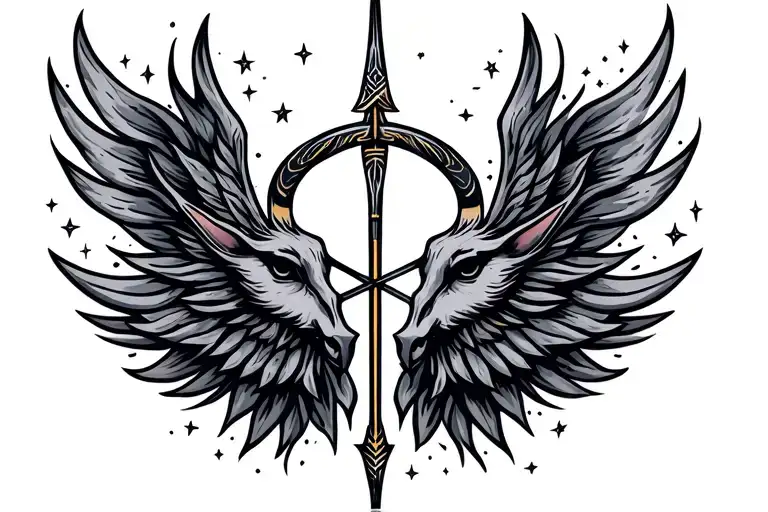 Sagittarius bow and arrow with infinity symbol as the center point of the bow and the strings made of tiny stars tattoo design idea