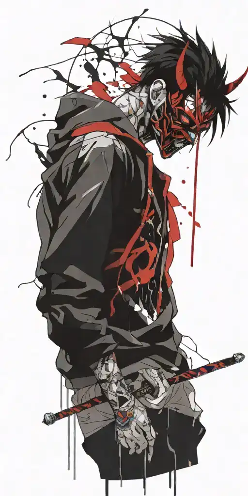 male anime character wearing oni mask fighting off inner demons  tattoo design idea