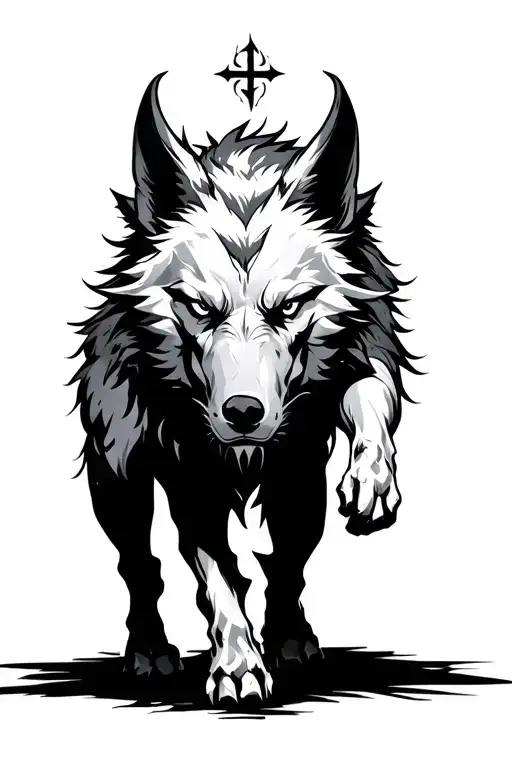 black fenrir muscular large walking forward runes above head tattoo design idea
