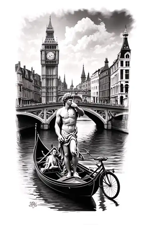 Create a forearm tattoo including the statue of David, gondola on a Venice Canal,  Dutch bike on a bridge,  big ben cloc tattoo design idea