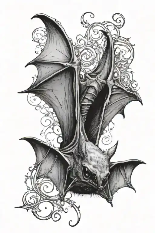 realistic bat hanging upside down, asleep with its wings gently wrapped around its body with the spiral of life tattoo design idea