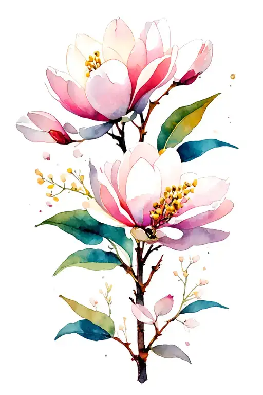 magnolia flower, mimosa flower, cherry blossom flowers. tattoo design idea