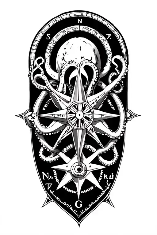 nautical shoulder sleeve featuring compass rose, octopus, and cipher wheel tattoo design idea