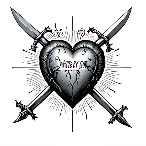 "Written by God" Catholic Sacred Heart with swords stabbed tattoo design idea