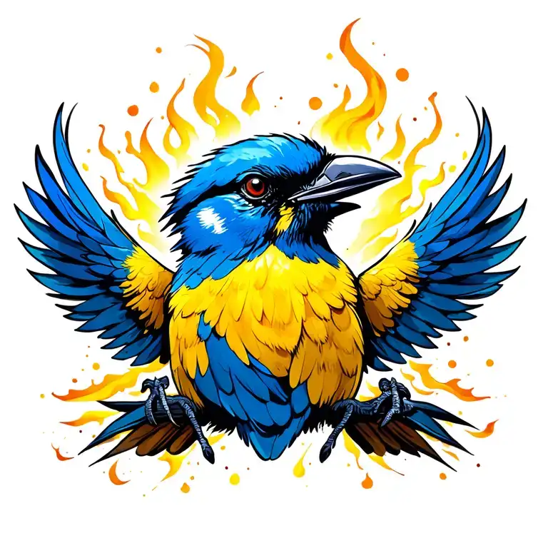 blue and yellow bird rising from ashes rising tattoo design idea