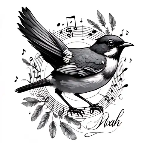 wrist tattoo of songbird with musical notes inside name Noah underneath in script font. some feathers falling from bird  tattoo design idea