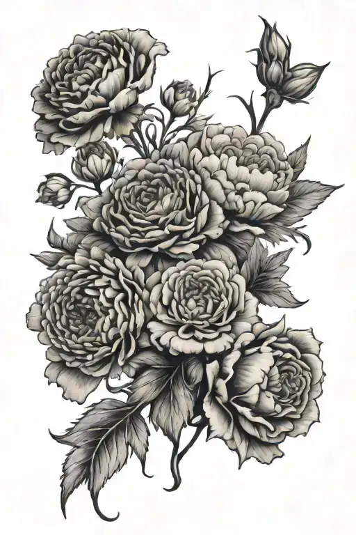 bouquet of carnations, roses, chrysanthemum, cosmos, and asters  tattoo design idea