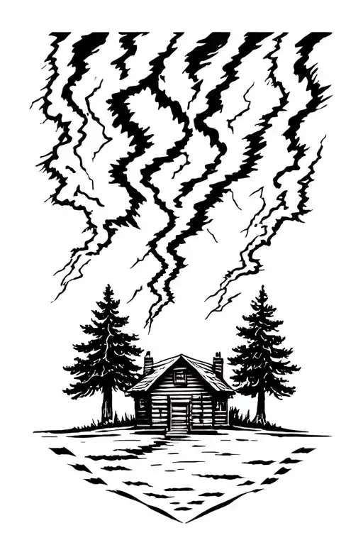 thunderstorm, wilderness, cabin, tattoo design idea