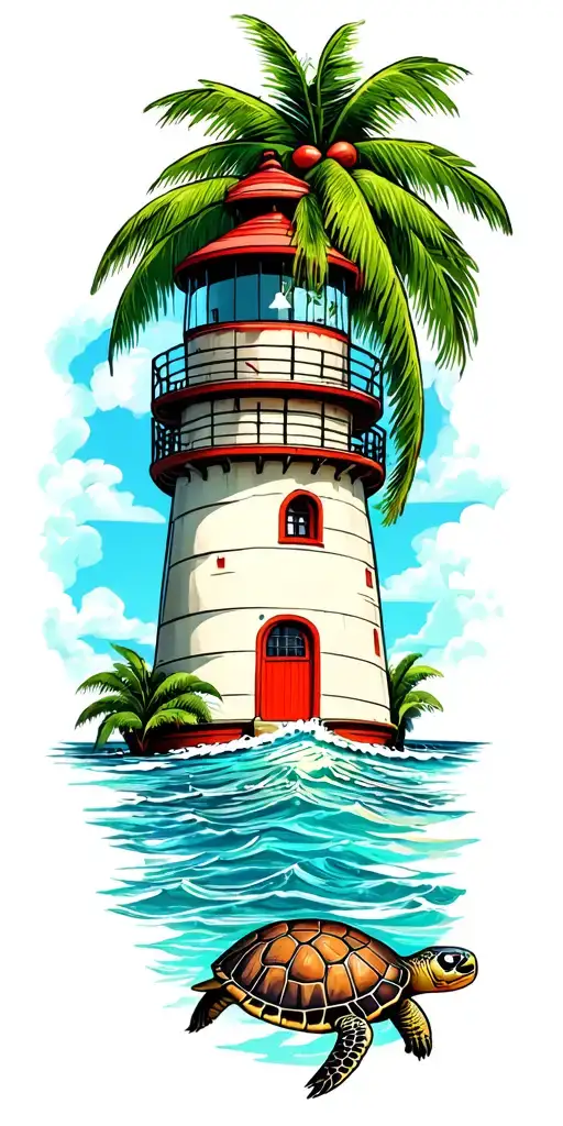 aruba ocean coconut tree turtle light house tattoo design idea