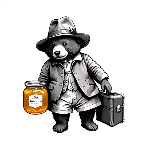 paddington bear with marmalade jar and suitcase tattoo design idea