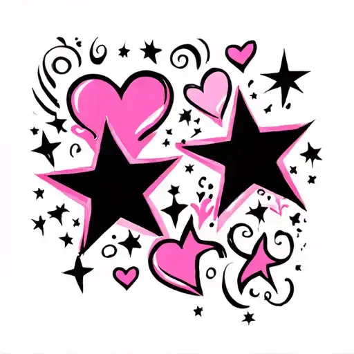 Pink and black stars with hearts and sparkles tattoo design idea