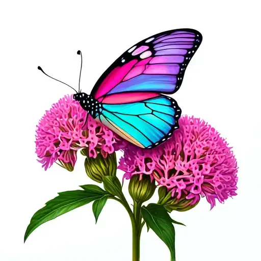 A pink, purple, and teal butterfly on a Celosia cristata flower tattoo design idea