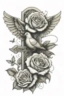 a cross a rose cluds and a dove flying tattoo design idea