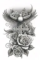 a cross a rose cluds and a dove flying tattoo design idea
