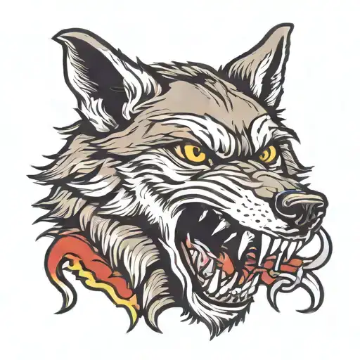 Wolf with sword in mouth open tattoo design idea