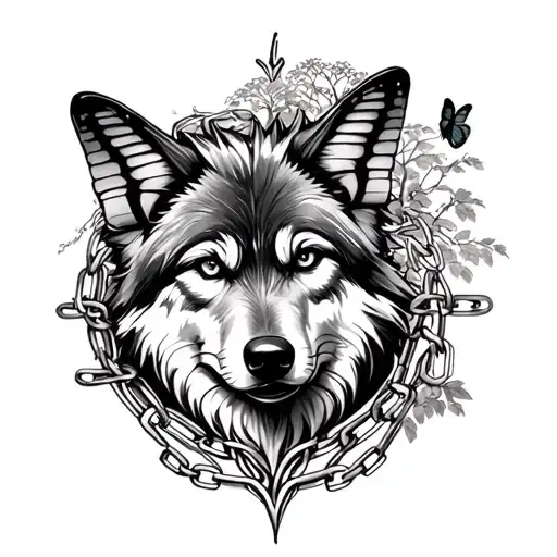 wolf, chains, dv, butterfly, tree of life tattoo design idea